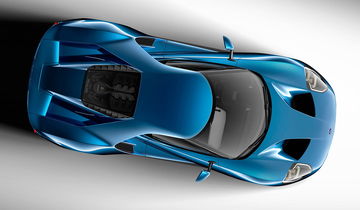 Vista aérea del Ford GT mostrando su diseño de techo y líneas laterales.