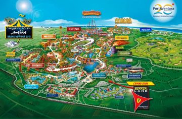 Plano detallado de Ferrari Land mostrando atracciones y servicios.