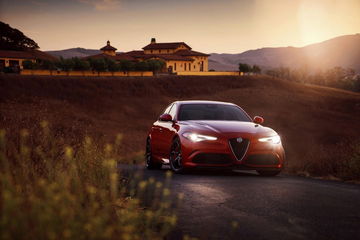 Alfa Romeo Giulia capturado en pleno manejo al amanecer, resaltando su diseño frontal.