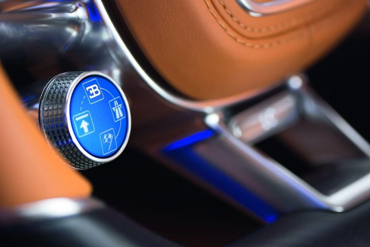 Vista del selector de modos de conducción del Bugatti Chiron.