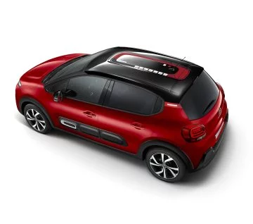 Vista aérea del Citroën C3 mostrando su techo bitono y línea lateral.