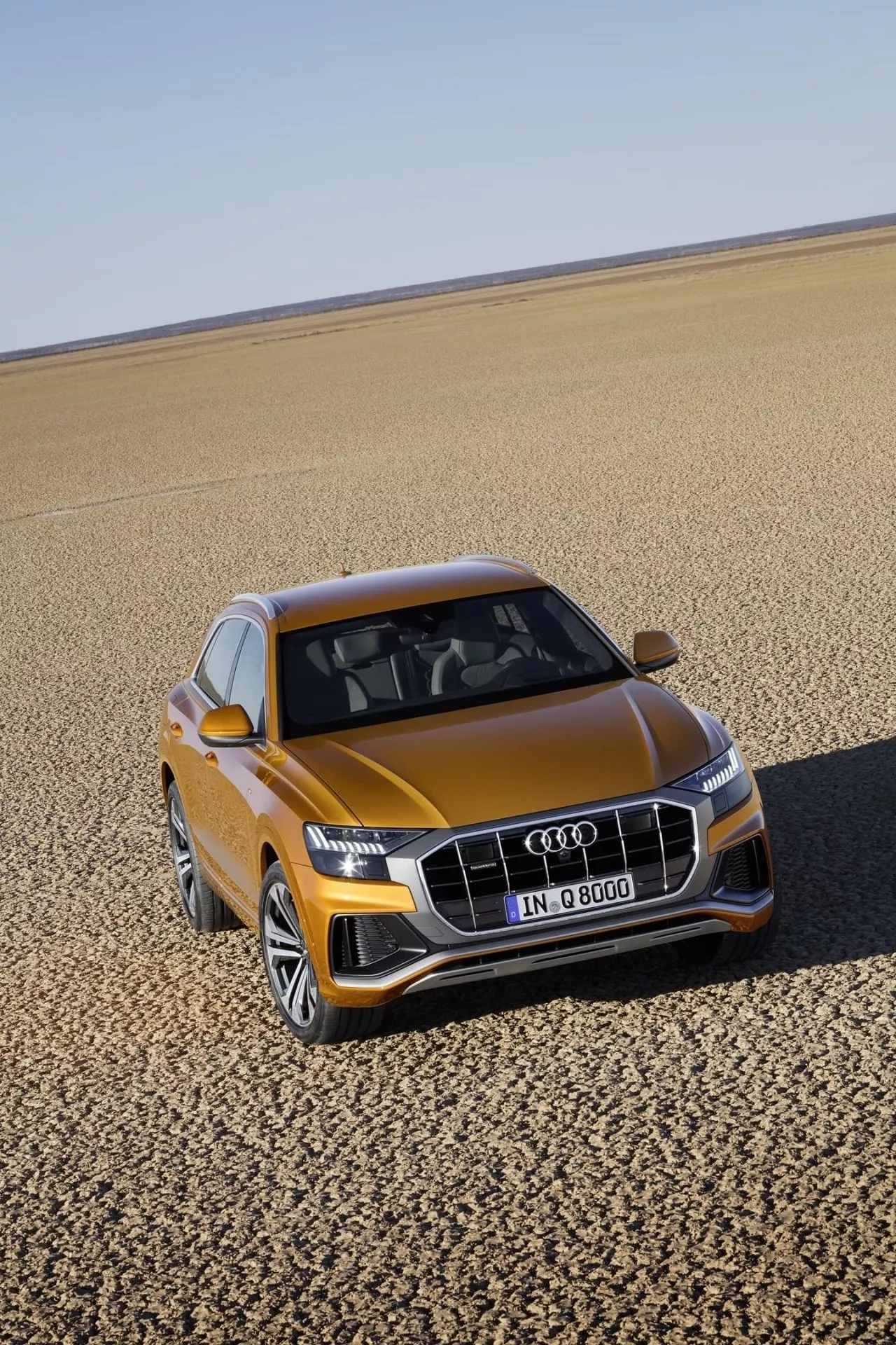 Vista angular delantera del Audi Q8, destacando su imponente parrilla.