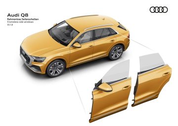 Vista superior y diagonal del Audi Q8, destacando su diseño frontal y lateral.