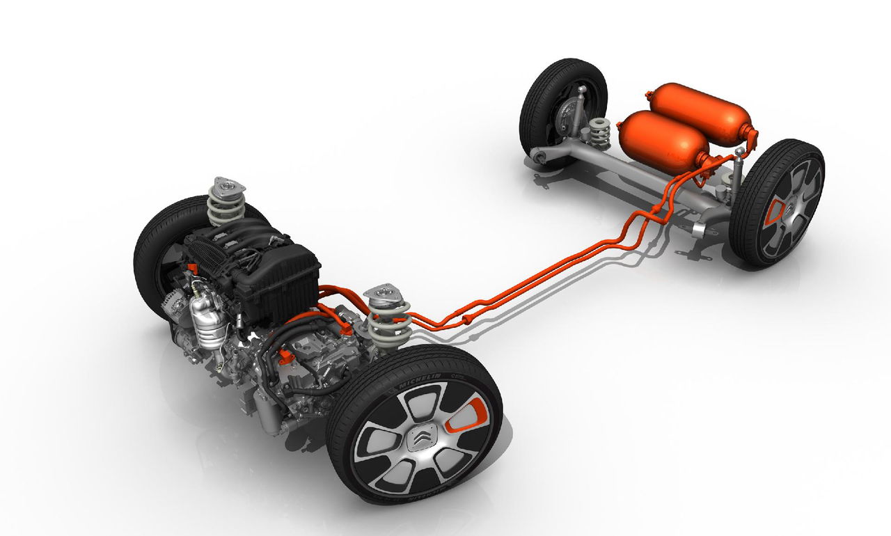 Vista del sistema de propulsión híbrido con aire comprimido del Citroën Cactus.