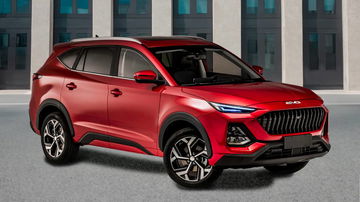 Vista delantera y lateral de un SUV Kia con carrocería en rojo y diseño moderno