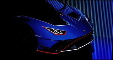 Vista frontal y lateral del Lamborghini Huracán con una iluminación llamativa.