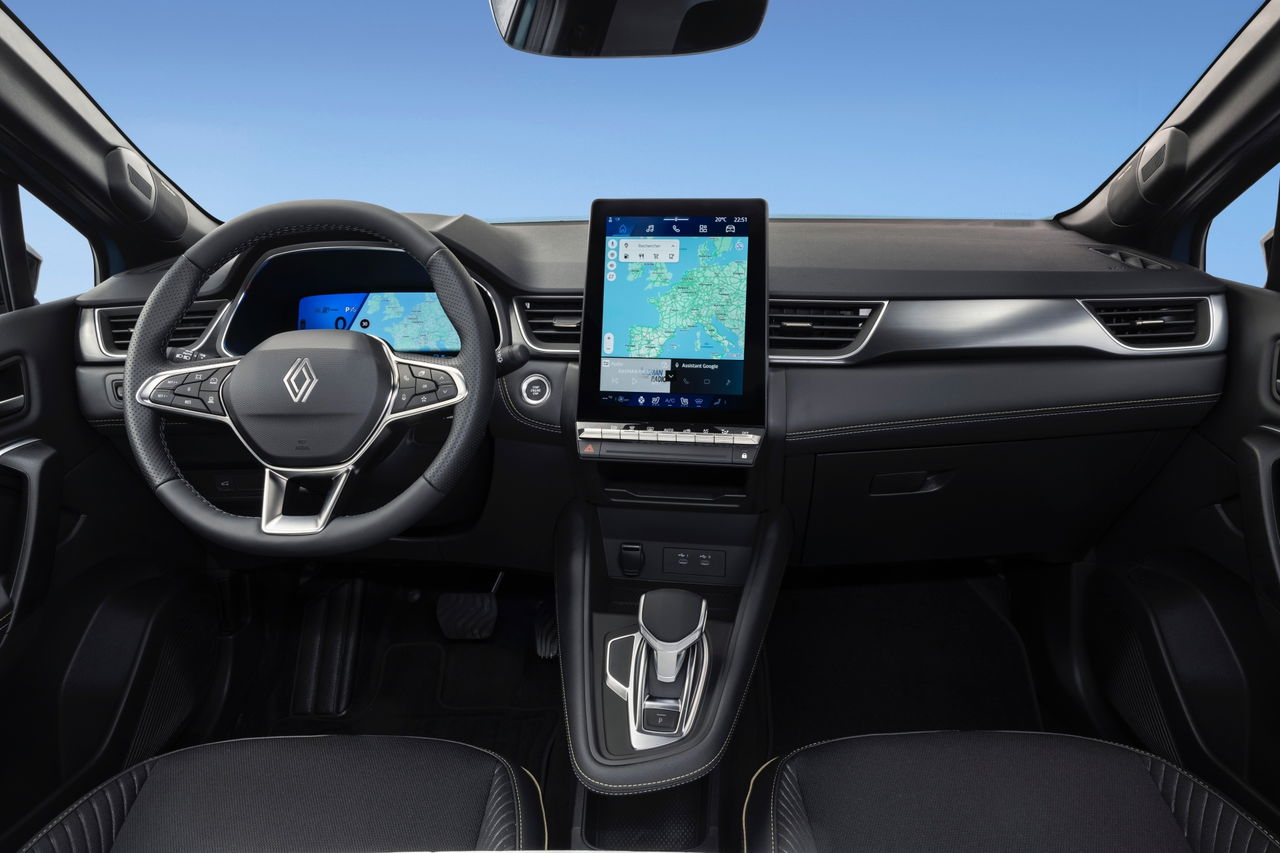 Cabina futurista del Renault Symbioz con pantalla táctil central y diseño minimalista.