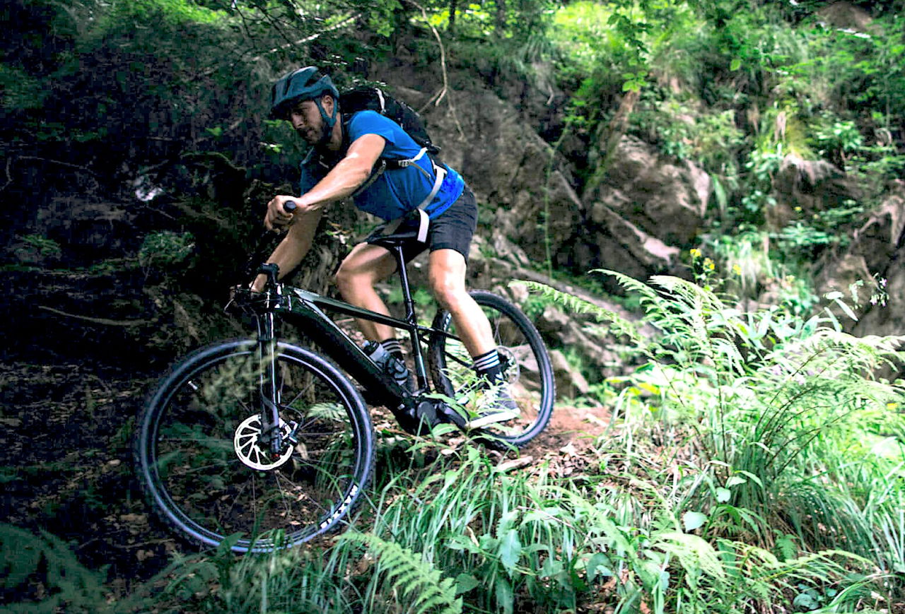 Cannondale Trail Neo 3 en acción, destacando su capacidad todoterreno.