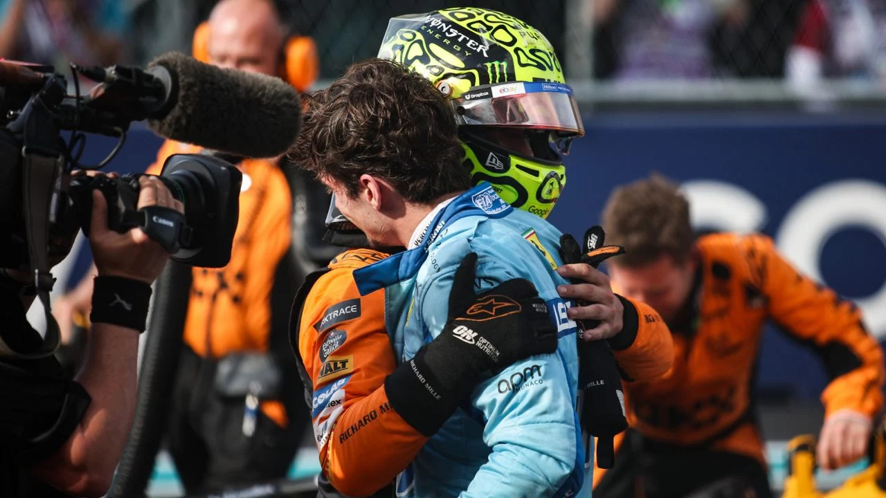 Charles Leclerc y Lando Norris en el GP de Miami.