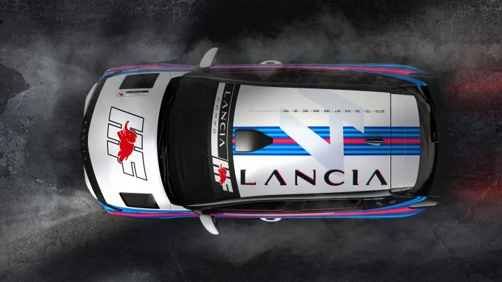 Vista superior del Lancia Ypsilon Rally4 HF, mostrando diseño y librea de competición.