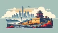 Ilustración estilizada con toque retro de una ciudad china, sin enfoque en coches específicos.