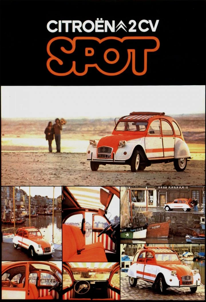 Edición especial Citroën 2CV Spot con vinilos y tapicería naranja distintiva.