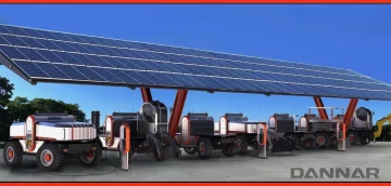 Vista de flota de vehículos eléctricos todoterreno Dannar con techo solar.
