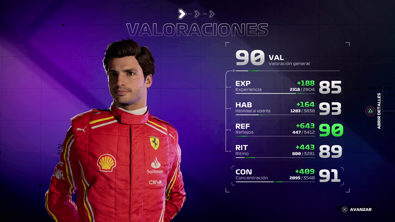 Captura del personaje virtual en F1 24, mostrando estadísticas y habilidades.