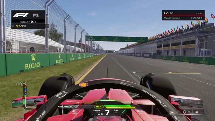 Vista delantera desde el cockpit de un monoplaza de F1 en el videojuego F1 24