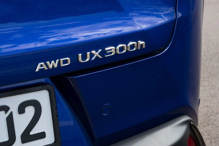 Vista del emblema y nombre del Lexus UX 300h en detalle.