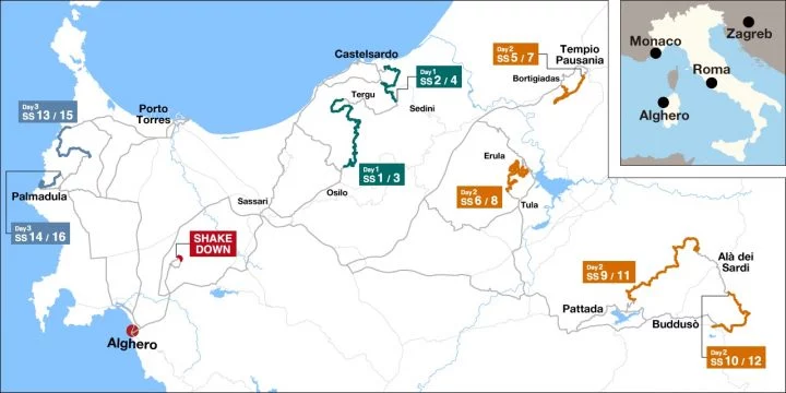 Mapa del recorrido del Rally de Italia-Cerdeña 2024, una prueba esencial del WRC.