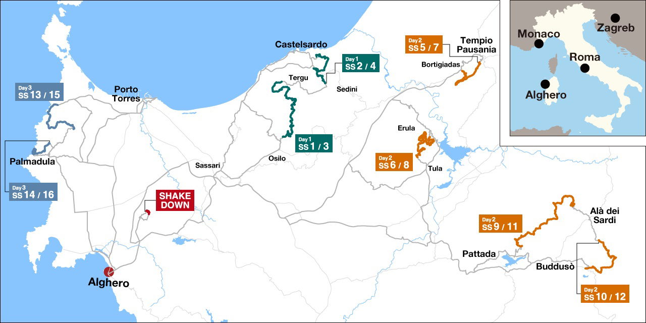 Mapa del recorrido del Rally de Italia-Cerdeña 2024, una prueba esencial del WRC.