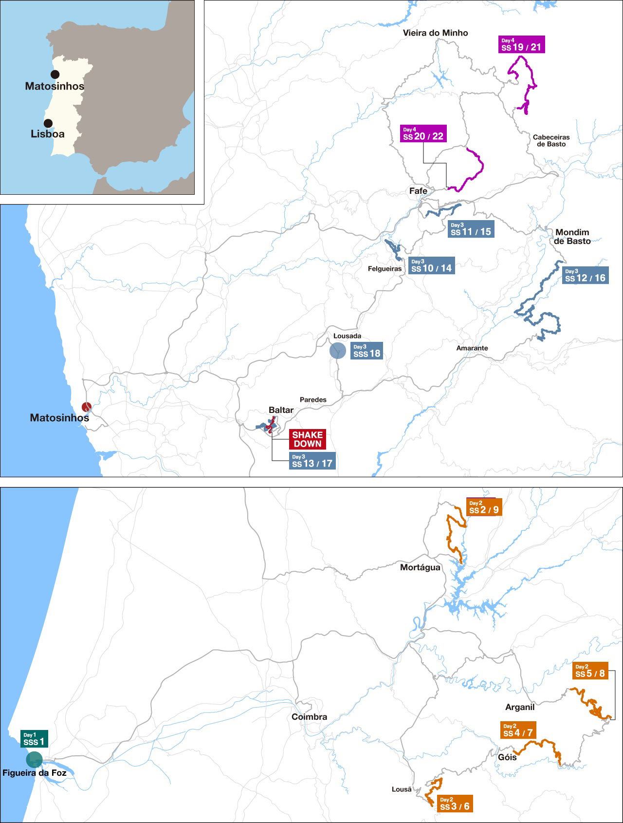 Mapa detallado de las etapas del Rally de Portugal WRC 2024.