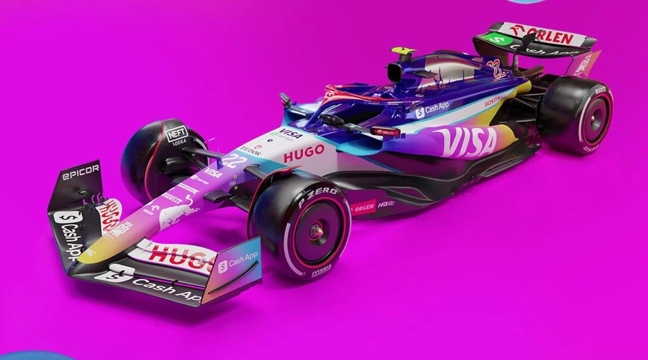 Monoplaza con decoración especial para el GP de Miami 2024, destaca su aerodinámica lateral.