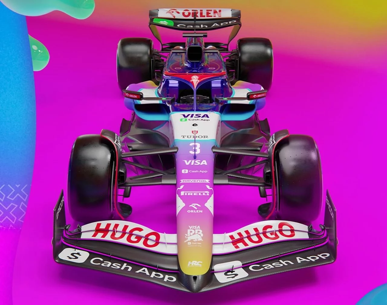 Vista frontal y lateral de un monoplaza de F1 con decoración especial para Miami 2024.