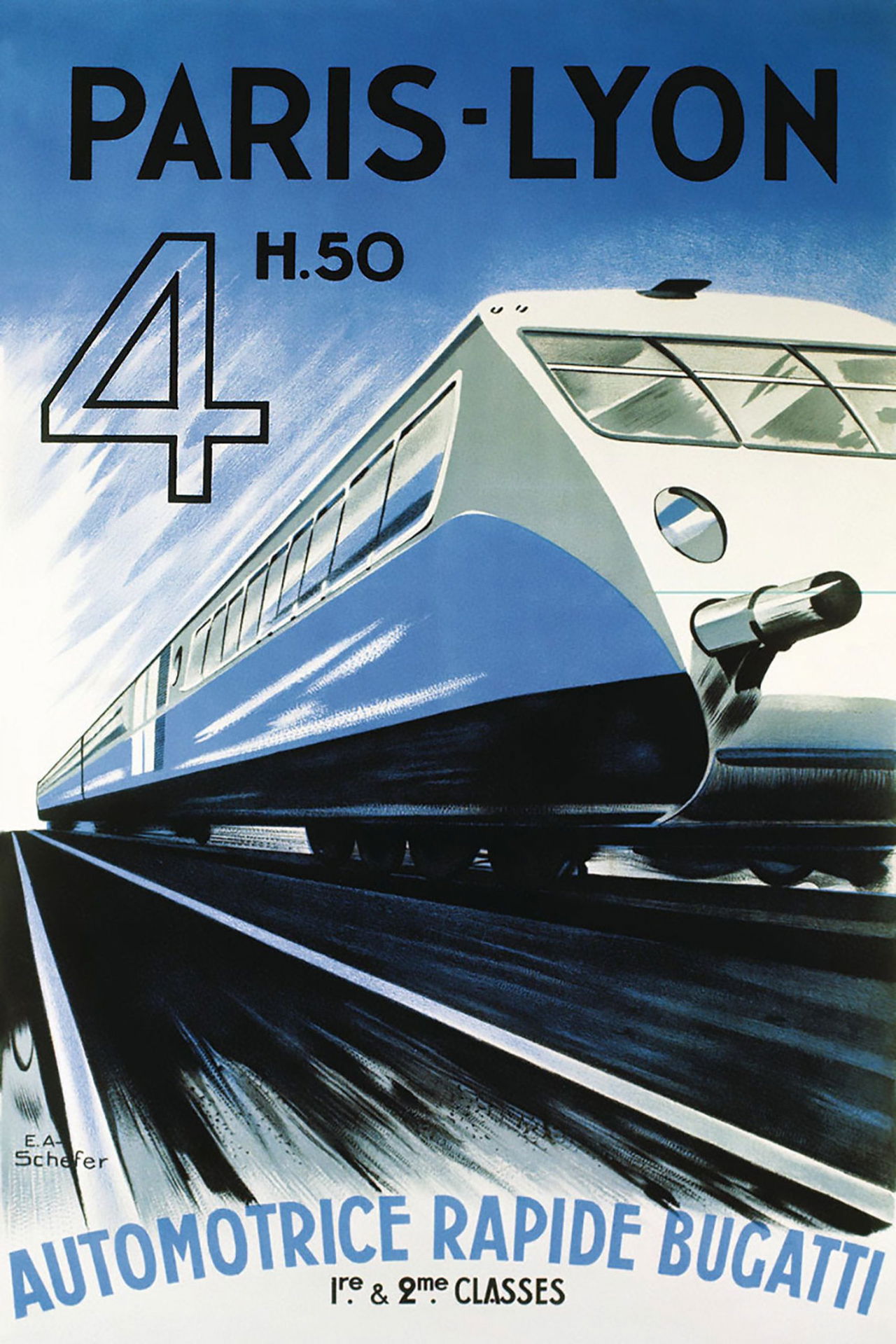 Publicidad histórica del Autorail Bugatti, revolución en transporte.