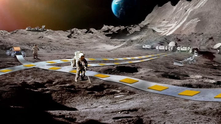 Vista lateral de una carretera lunar, hito de la ingeniería espacial.