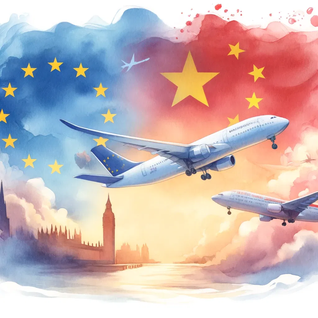 Representación artística tensiones comerciales China-UE con aviones sobre fondo patrio