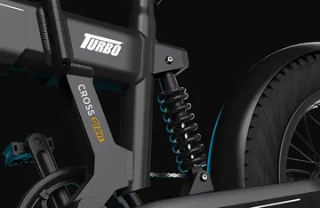 Detalle de la suspensión de la ebike todoterreno plegable con turbo