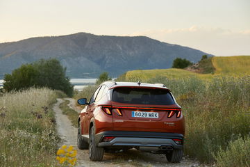 Vista trasera y lateral del Hyundai Tucson 2024 en entorno natural.