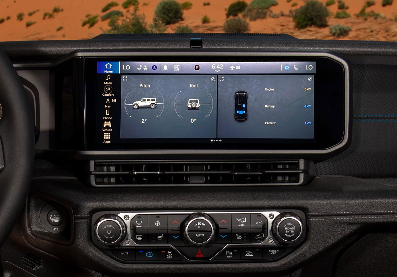 Panel de instrumentación Jeep Wrangler, con pantalla táctil moderna