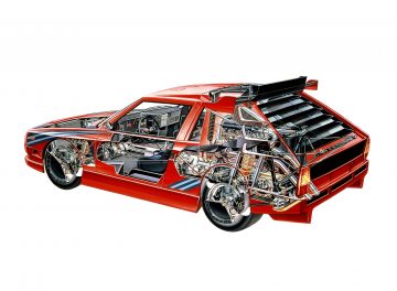 Vista del motor Triflux revolucionario de Lancia con turbos secuenciales.