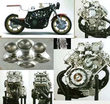 Motor Yamaha de 7 válvulas por cilindro, un diseño innovador para la época.