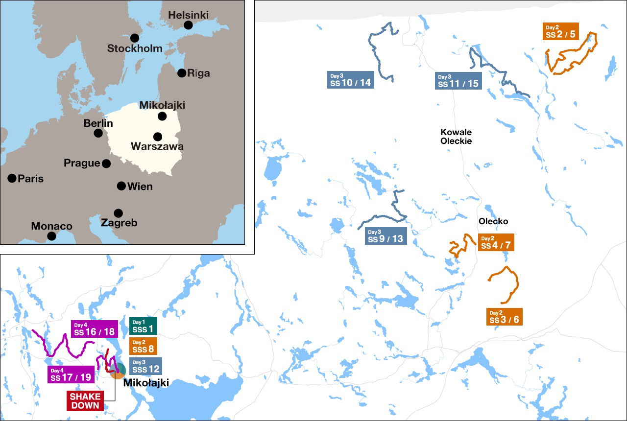 Mapa de etapas del Rally de Polonia 2024, mostrando recorrido y sectores.