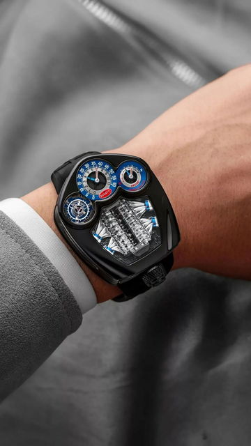 Lujoso reloj Bugatti Tourbillon, inspiración motor V16 en muñeca.