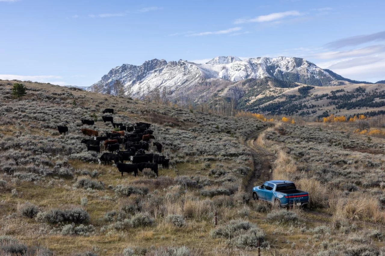 El Rivian R1T en acción, mostrando su capacidad todoterreno en un entorno de montaña.