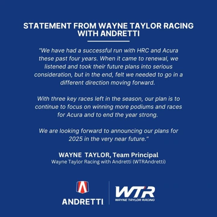 Comunicado oficial de Wayne Taylor Racing y Andretti Autosport sobre colaboración en IMSA.