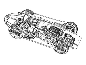 Vista detallada del motor Ferrari Lancia D50 inclinado 12° como pieza clave del chasis.