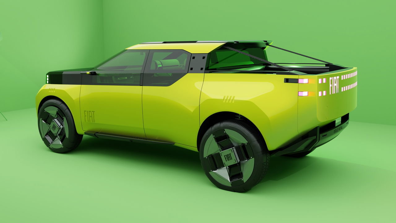 Vista angular trasera del nuevo Fiat Panda Pick-up en un entorno de estudio