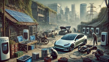 Tesla enfrenta un entorno post-apocalíptico, ilustrando la resistencia y tecnología avanzada.