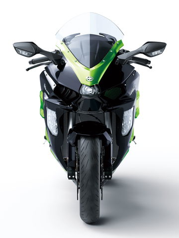 Vista frontal Kawasaki H2 SX, destacando su diseño agresivo y aerodinámico.