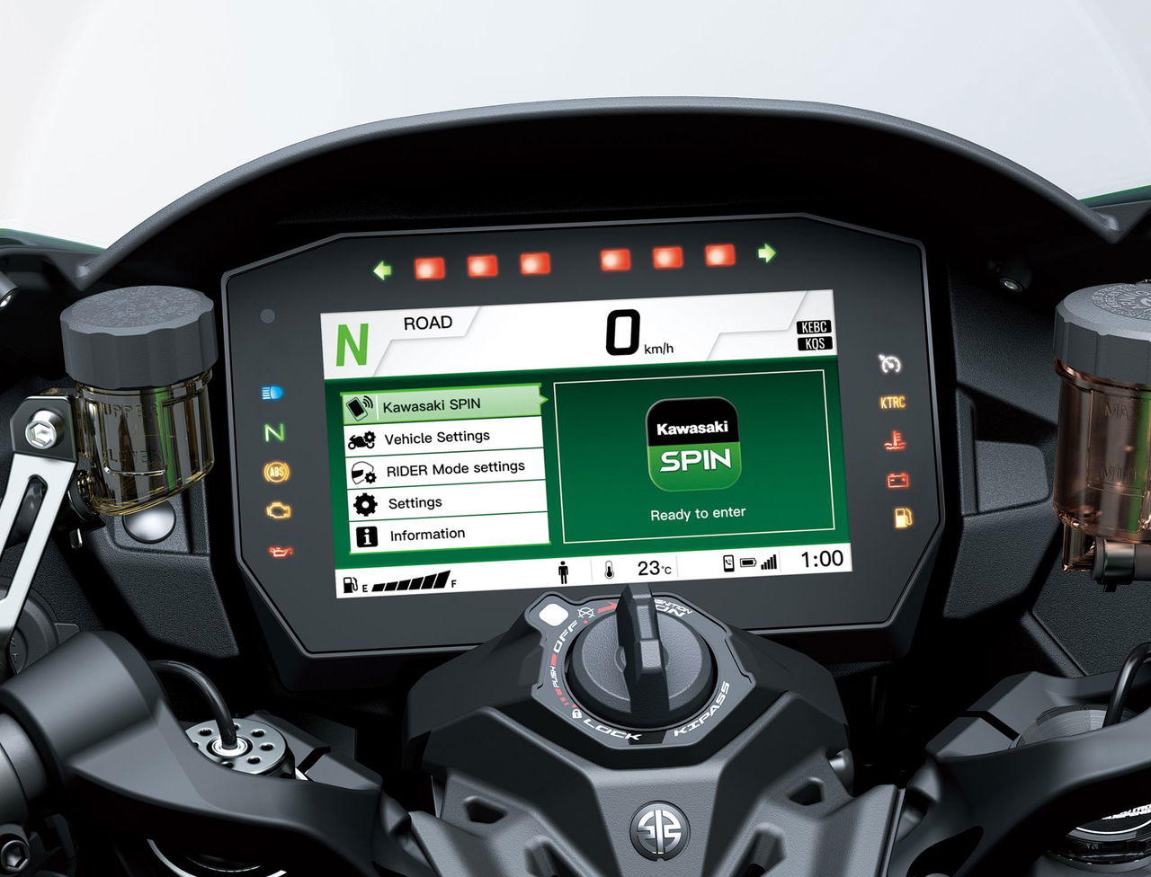 Panel de instrumentos digital con conectividad y múltiples funciones de la Kawasaki H2 SX.