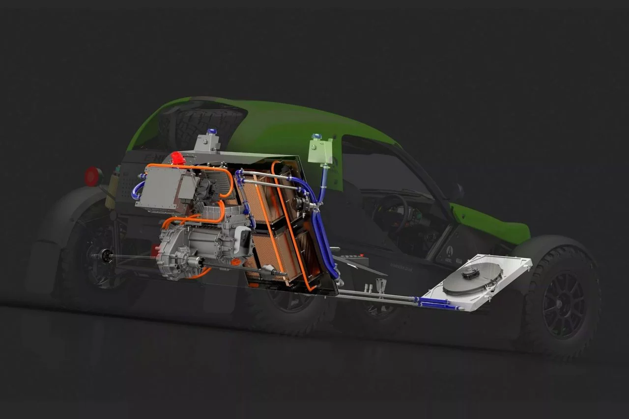 Vista lateral del Ariel Nomad eléctrico, mostrando su diseño off-road.