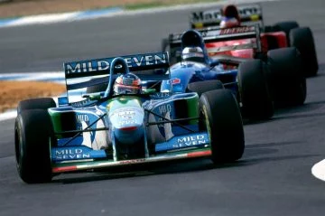 Benetton B194 de Schumacher luchando en pista, F1 1994