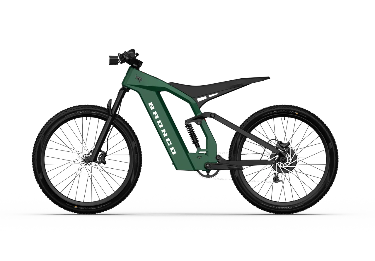 Vista de la ebike Ford Bronco que combina elementos de moto trialera con tecnología eléctrica.