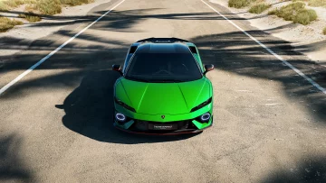 Lamborghini Temerario 2024 en acabado Verde Mercurius, adelante agresivo.