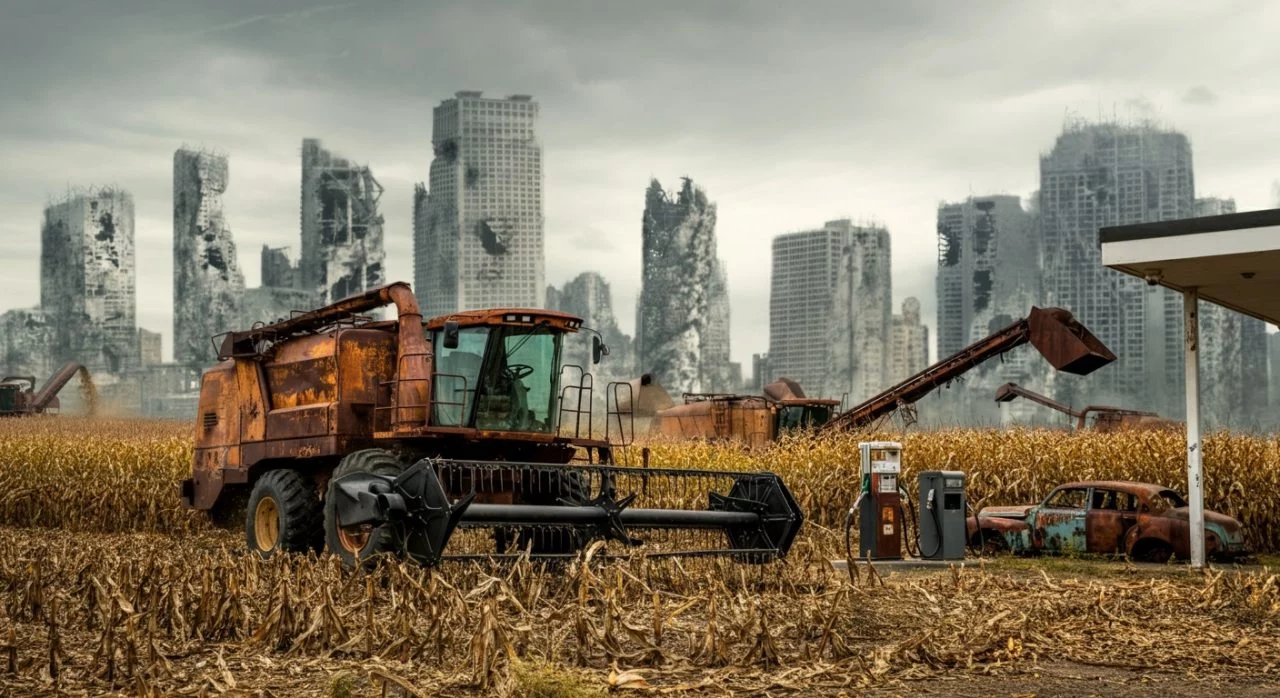 Contrapunto ambiental: cosechadora y ciudad al fondo, dilema energético.