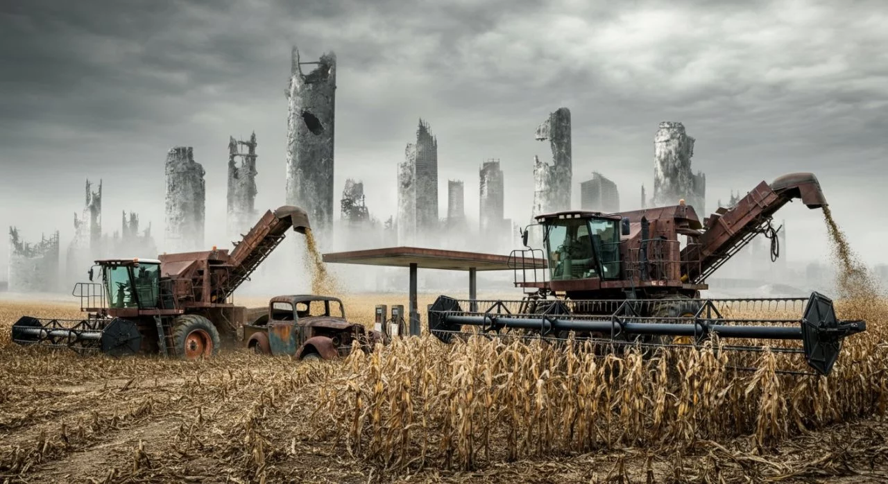 Maquinaria agrícola en campo de cultivo, posible producción de biocombustibles.