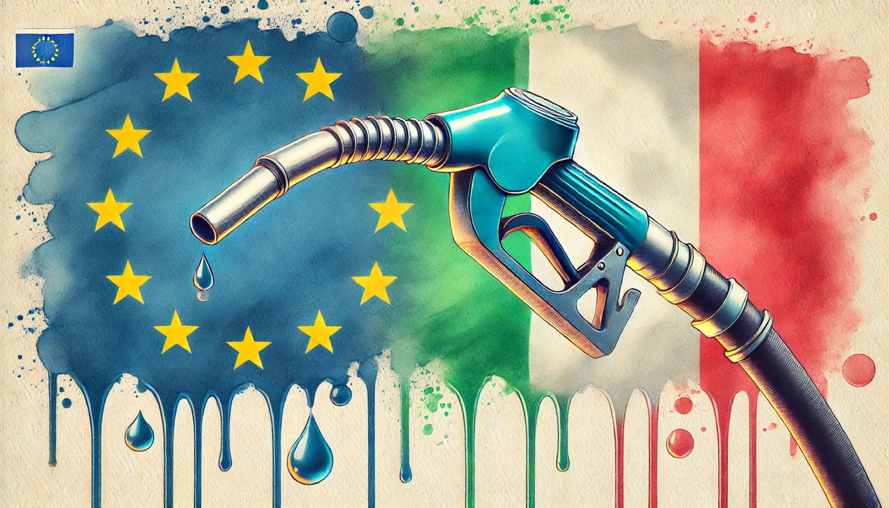 Representación artística del debate sobre el futuro del diésel y la gasolina en Europa.