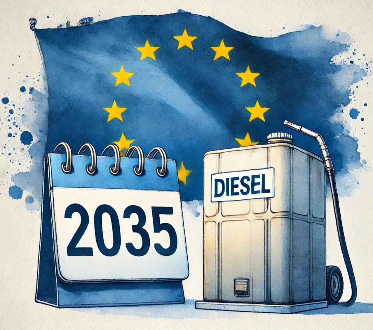 Ilustración simbolizando fin de coches diésel y gasolina en la UE para 2035